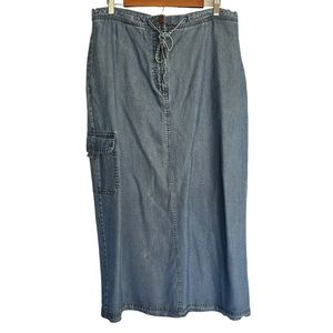 LINDEN Hill Chambray Long Cargo Skirt Size XL Button Zipper Drawstring Pockets